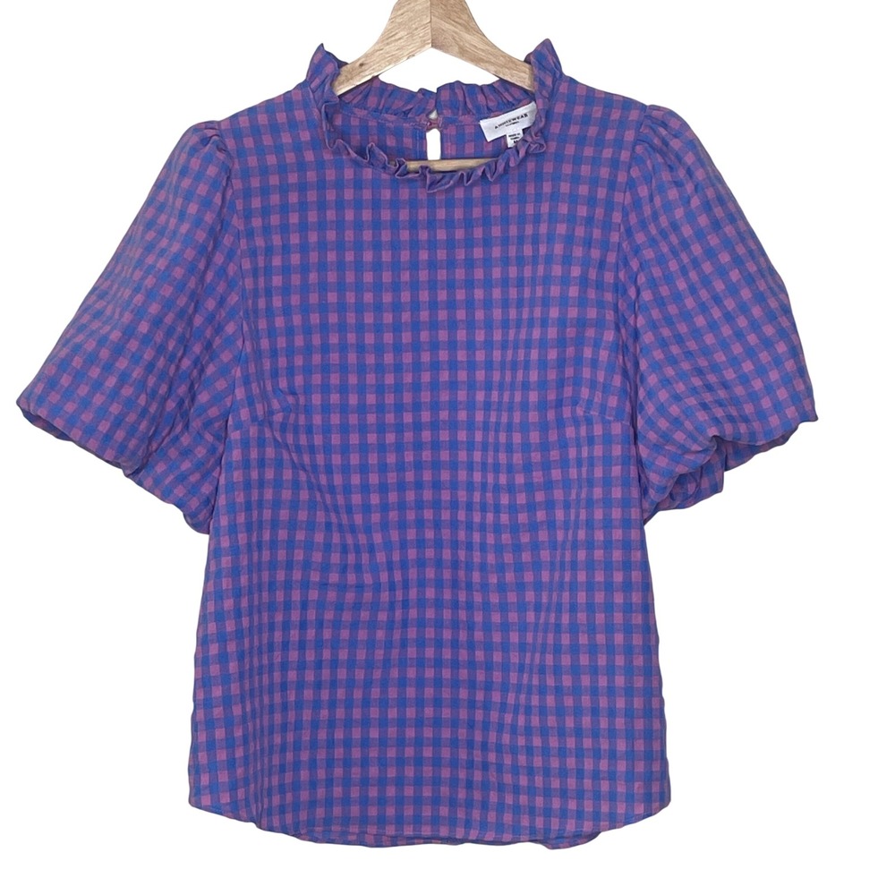 AnnieWear Los Angeles Purple Blue Gingham Ruffle Neck Puff Sleeve Blouse M